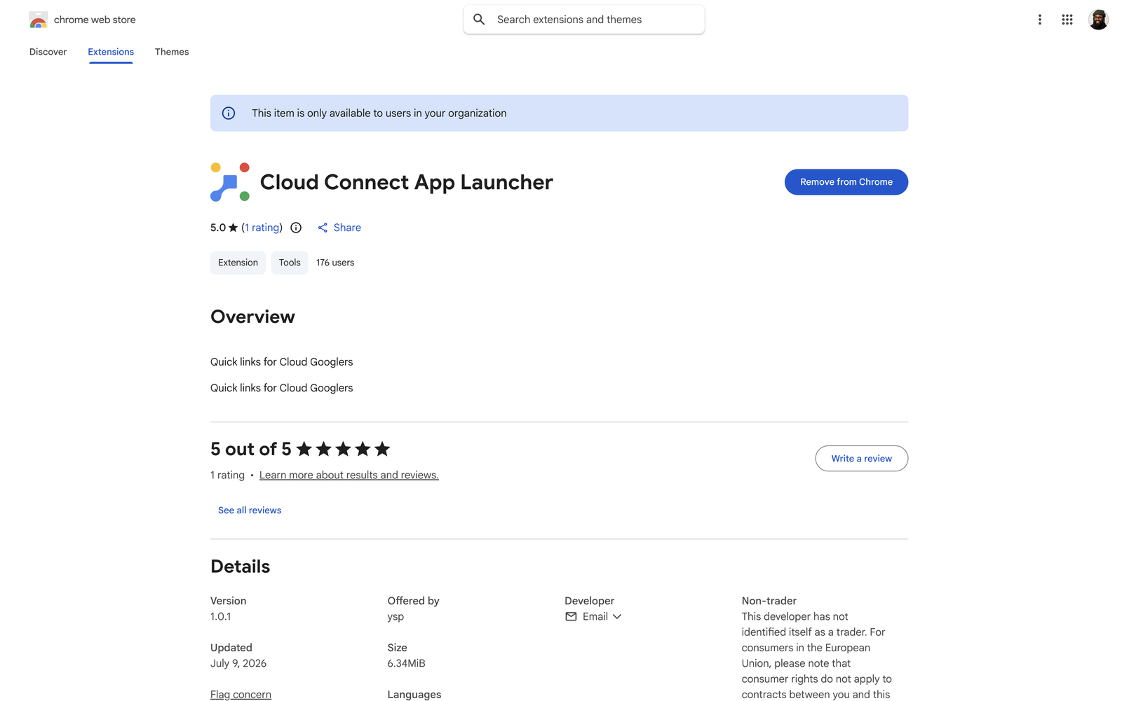 Cloud Connect App Launcher listing on the Chrome Web Store with 176 users and a 5.0-star rating