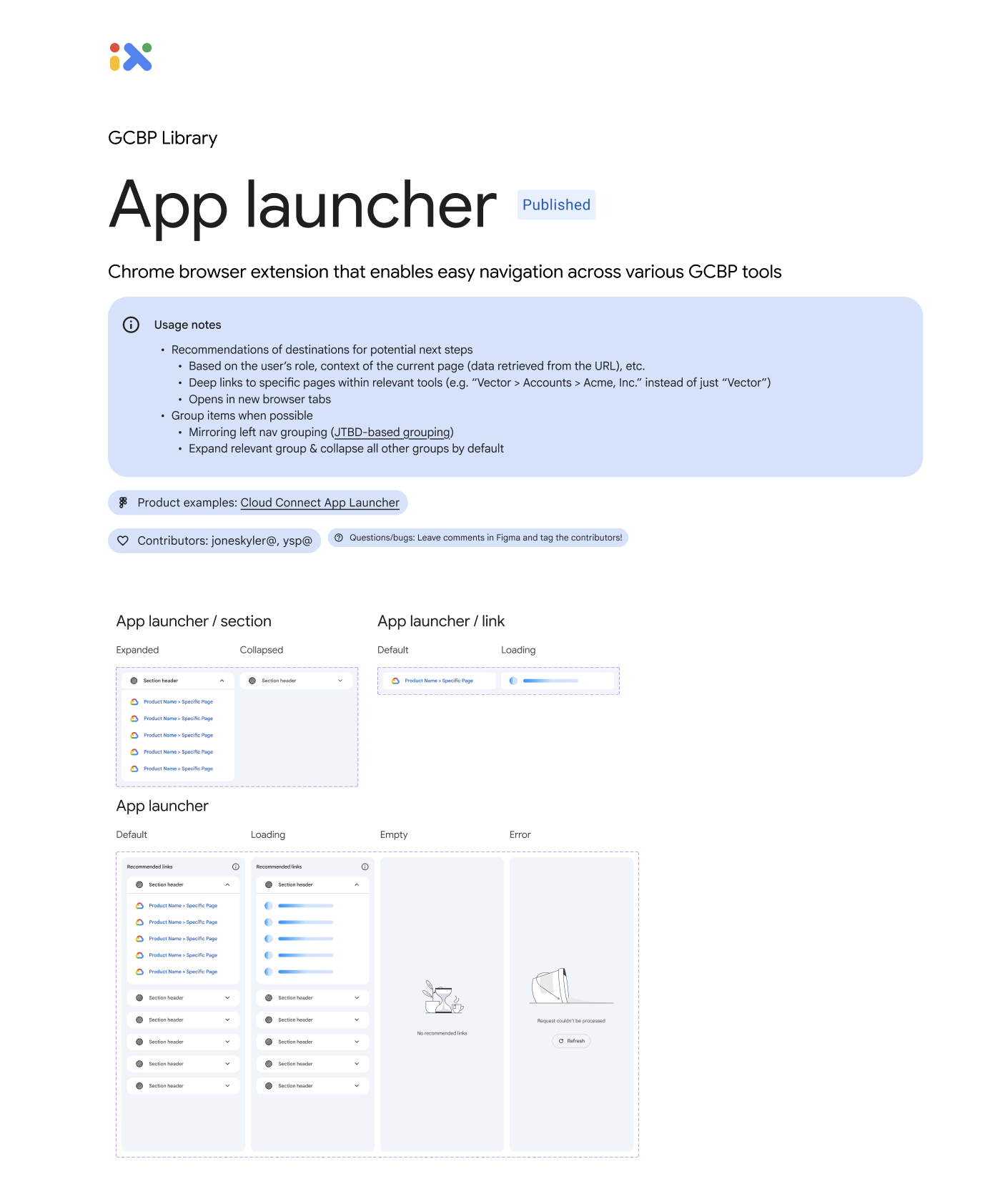 GCBP design library page for the App launcher pattern, showing default, loading, empty, and error states