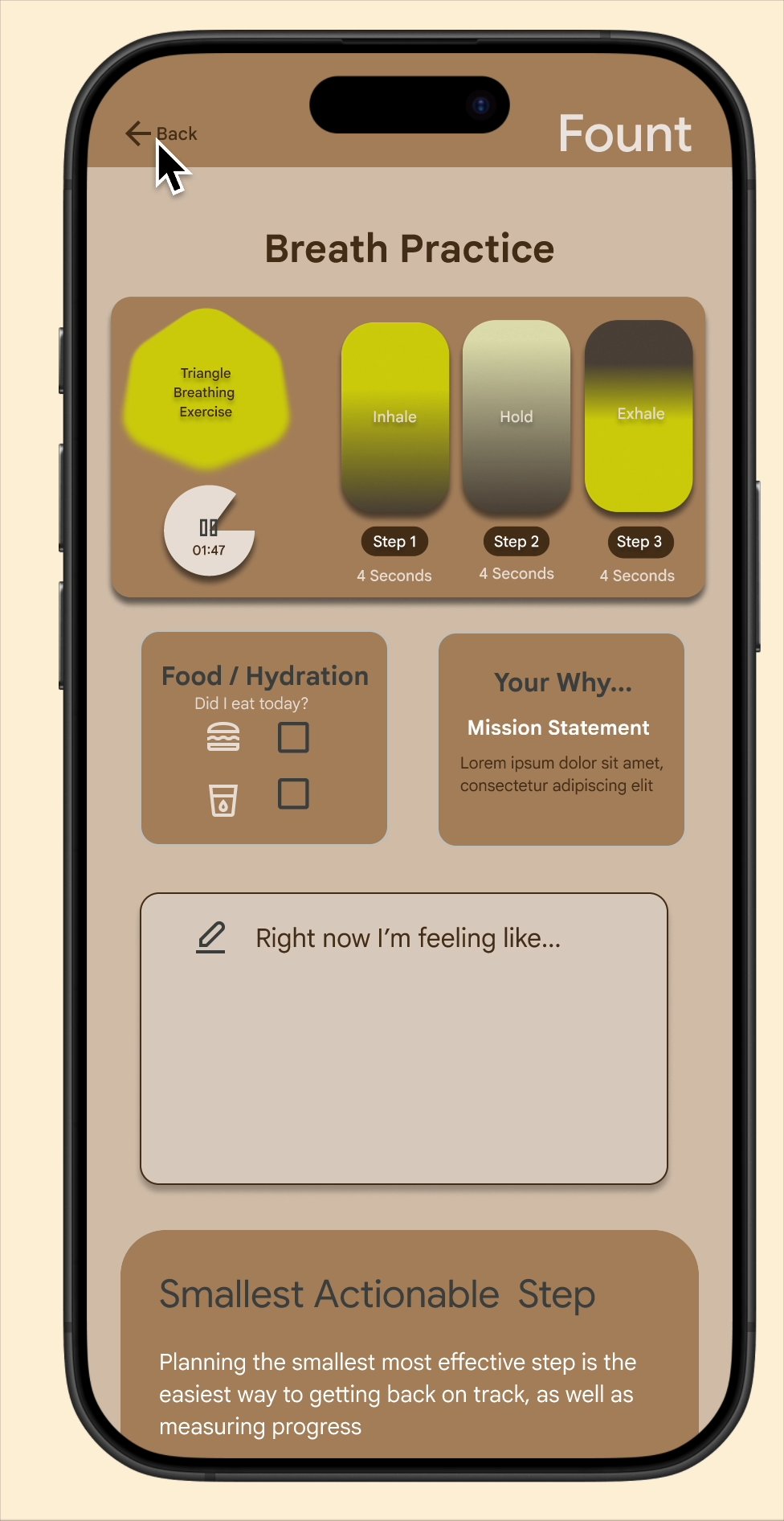 Fount Breath Practice screen triggered by the panic button, with a triangle breathing exercise and mission statement reminder