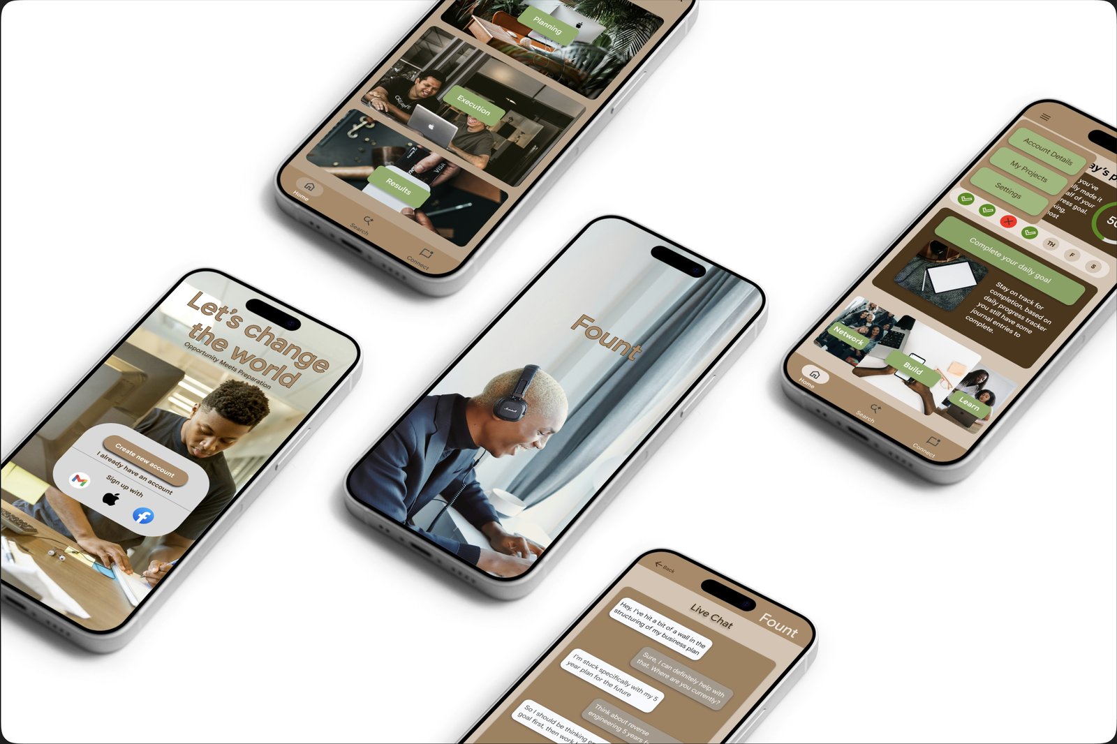 Five Fount app screens on phone mockups: the splash screen, the Planning/Execution/Results learning path, the app launch screen, the home dashboard with a daily progress goal, and a live mentor chat