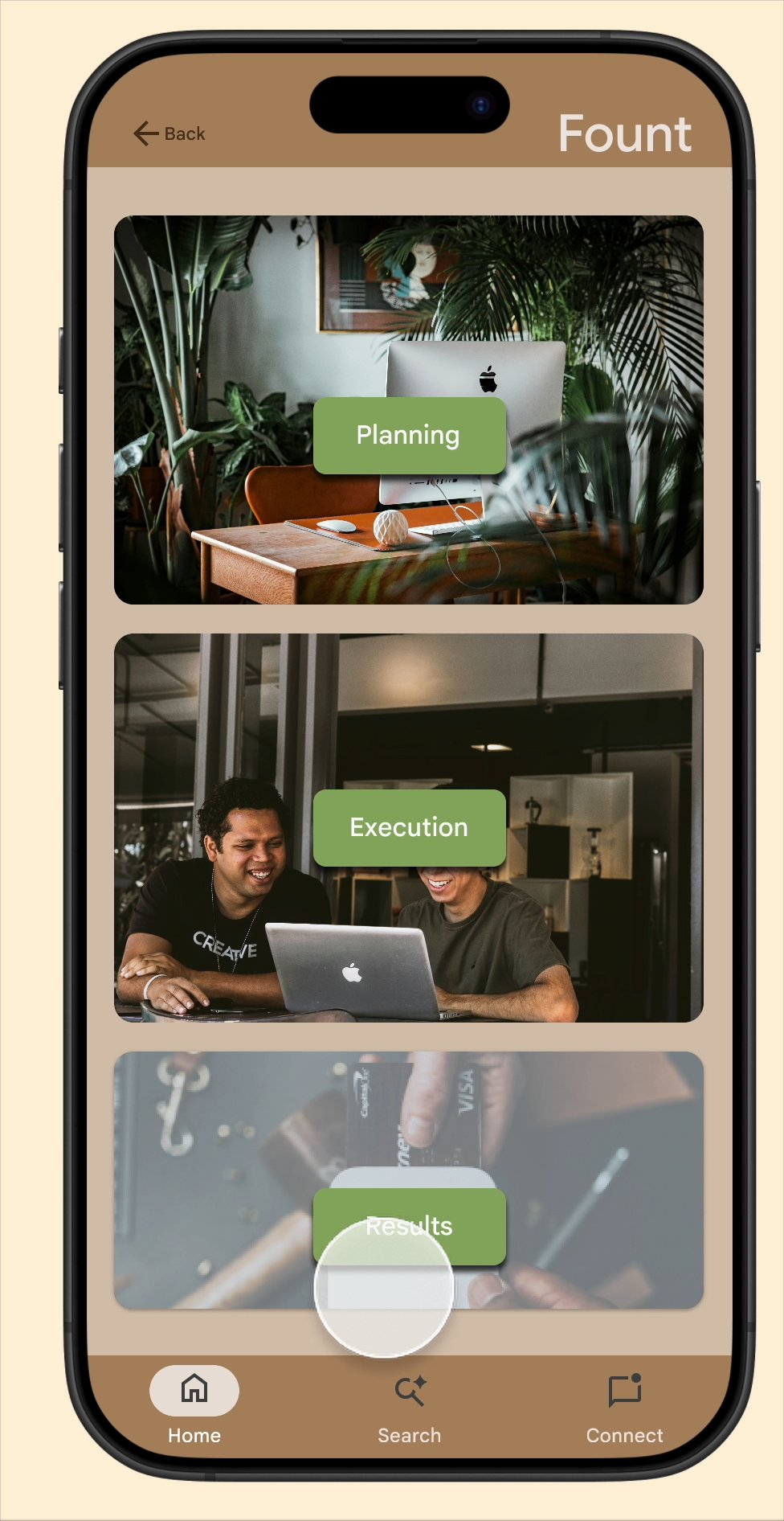 Fount personalized learning path screen with Planning, Execution, and Results cards