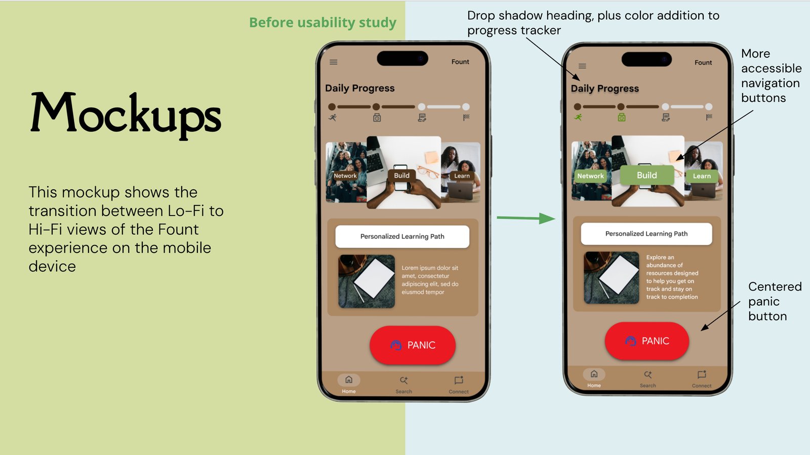 Before and after mockups showing the Fount mobile experience evolving from lo-fi to hi-fi, click to enlarge
