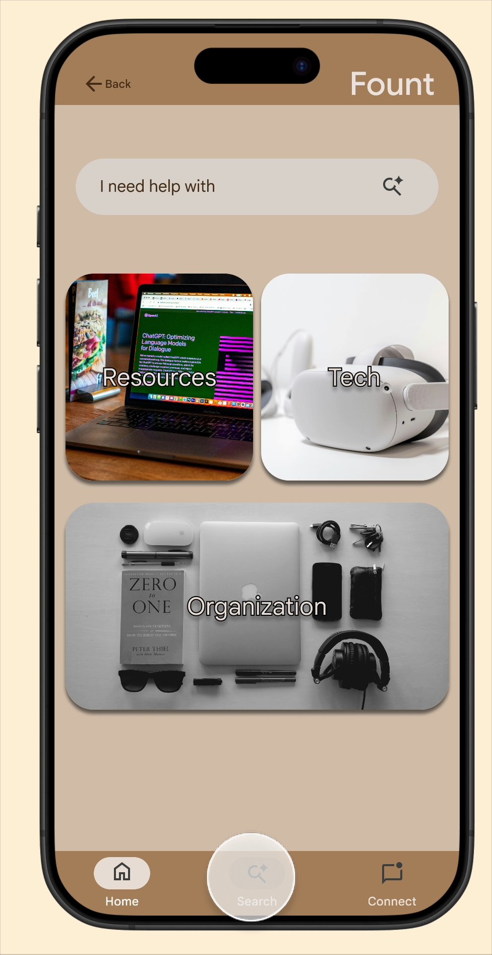 Fount search screen with Resources, Tech, and Organization categories