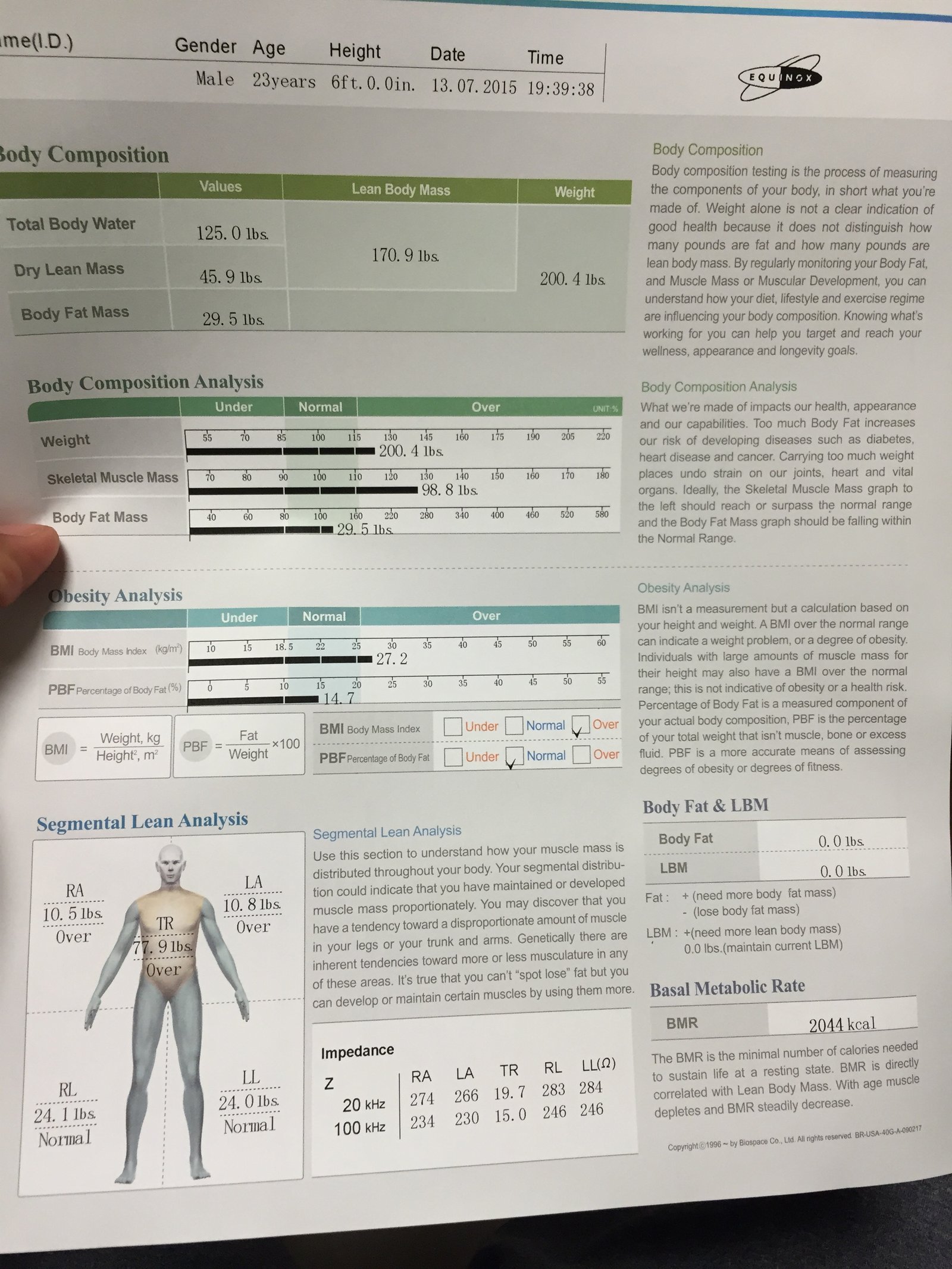 Equinox body composition analysis report printout